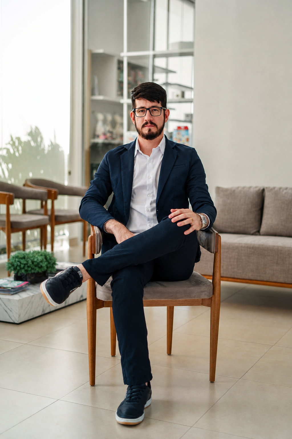 Retrato profissional de Valcir Celloni sentado em seu consultório